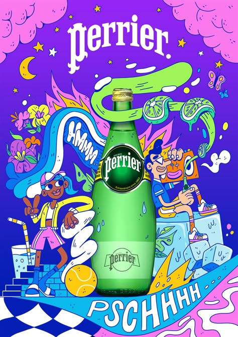 Perrier advertising posters / Personal project :: Behance Illustration In Advertising, Product Illustration Poster, Product Advertisement Design Poster, Advertisement Poster Product, Graphic Design Posters Ideas Creativity, Product Poster Design Ideas, Product Advertisement Poster, Poster Advertising Design, Creative Advertising Poster