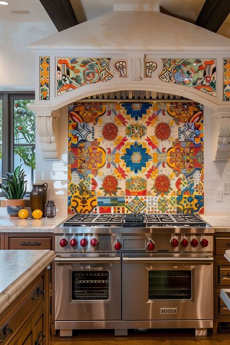 20 Spanish Mediterranean Kitchen Ideas - Remodr Spanish Mediterranean Kitchen, Colorful Kitchen Backsplash, Southwest Kitchen, Spanish Style Kitchen, Boho Kitchen Ideas, Spanish Kitchen, Hacienda Style Homes, Spanish Mediterranean, Mediterranean Kitchen