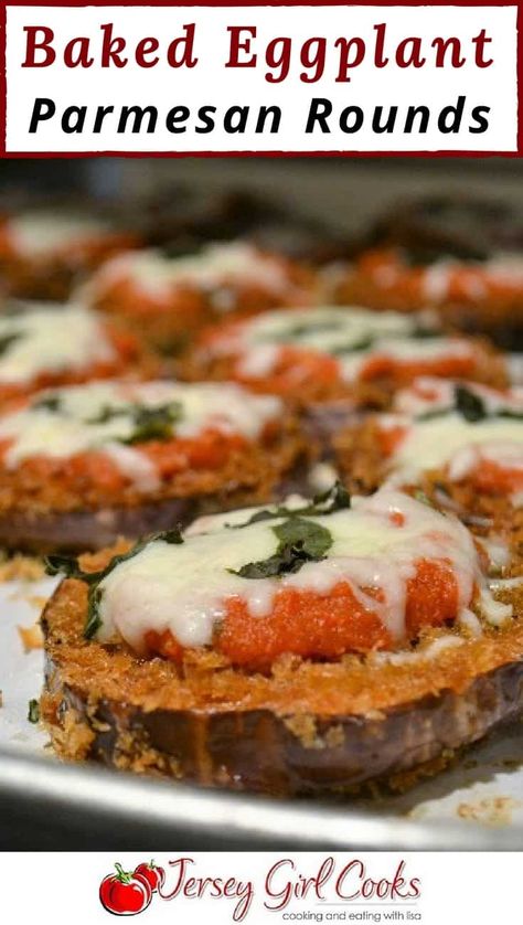 These crispy Baked Eggplant Parmesan Rounds are a lighter version of classic eggplant Parmesan. Eggplant is covered in panko and baked instead of being fried then topped with marinara, cheese, and fresh basil for a tasty and easy-to-make appetizer. Once you try it, this might be the only version you make! #bakedeggplantparmesan #eggplantrounds #eggplantparmesan Baked Eggplant Slices, Eggplant Appetizer, Baked Eggplant Parmesan, Eggplant Parmesan Baked, Roasted Tomato Sauce, Baked Eggplant, Vegetarian Entrees, Eggplant Parmesan, Girl Cooking