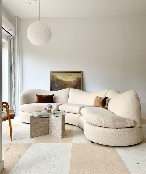 bephi HOME + SPACES on Instagram: “Vintage Wavy 3-Piece Curved Sectional, Reupholstered in Ivory Boucle. Paired Here with Our Lenora Table in Quartz/Glass and a Vintage Wood…” Wavy Couch, Curved Couch, Couch Styling, Curved Sectional, Curved Furniture, Curved Sofa, Work Table, Reupholster, Vintage Wood