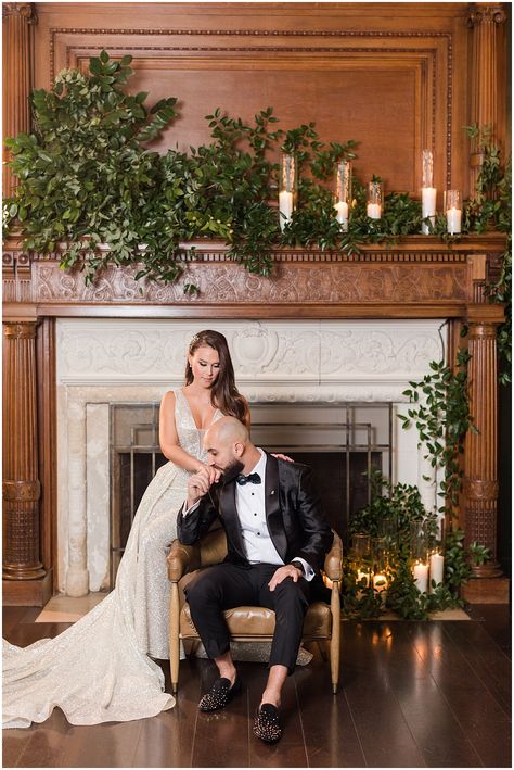 Wedding Portrait Lounge, Fireplace Wedding Photos, Wedding Couple Poses Indoor, Wedding Photos On Couch, Wedding Pictures Indoor, Bride And Groom Indoor Photos, Castle Photoshoot Ideas Couple, Indoor Wedding Poses, Wedding Indoor Photography