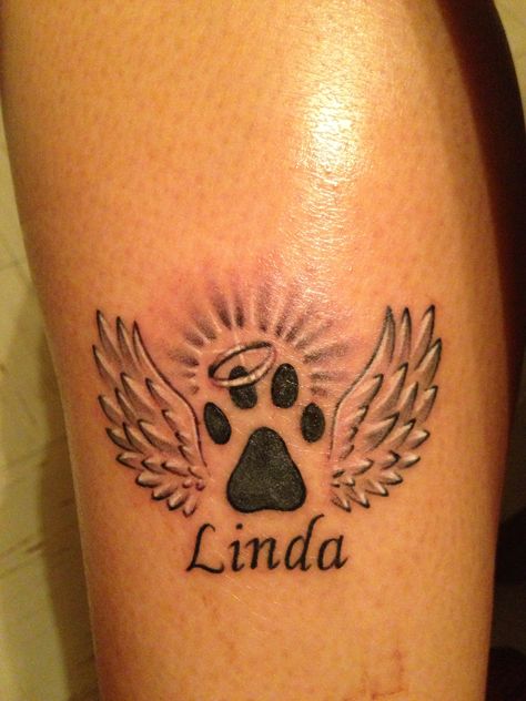 Tattoo in memory of my dog Linda Wings Ideas, Heart With Wings Tattoo, Memorial Tattoo Quotes, Pet Memorial Tattoo, Memorial Tattoo Designs, Dogs Tattoo, Rip Tattoo, Dogs Paw, Dog Memorial Tattoos