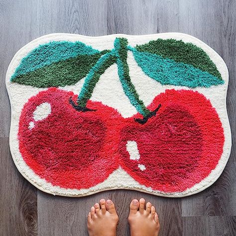 Cherry Rug, Cool Apartment, Funny Bath Mat, Funky Bedroom, College Apartments, Funky Rugs, Pink Fruit, Boho Shower Curtain, Bathroom Bath Mats