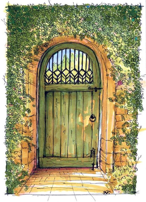 Watercolor Window Painting, Whimsical Watercolor Illustration, Door Journal Ideas, Garden Door Drawing, Door Drawing Ideas, Old Door Drawing, Line And Wash Watercolor Sketches, Door Watercolor Painting, Watercolor Gate Paintings