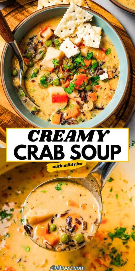 This creamy crab soup with wild rice is flavor-packed and so easy to make! It's brimming with delicious bites of crab meat and veggies. #crabsoup #souprecipe Healthy Crab Meat Recipes Easy, Korean Crab Stew, Leftover Crab Meat Recipe, Crab Meat Soup, Crabmeat Recipes, Creamy Crab Soup, Crab Stew, Broccoli Cheese Chicken, Lump Crab Meat Recipes