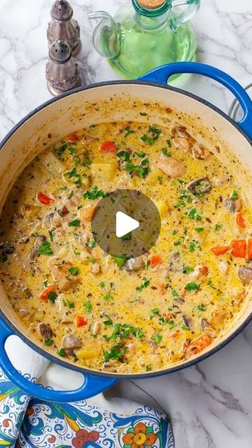 Tatyana Nesteruk on Instagram: "Add this Creamy Chicken Stew to your dinner menu this fall! It's the ultimate comfort food dish with smoky bacon bits, cubed chicken, loads of mushrooms and parmesan cheese! Enjoy it with some toasted, buttered bread and more cheese on top! 

Get all the recipe details and watch my full-length YouTube video tutorial on my website, linked in profile @tatyanaseverydayfood Plus, get more delicious chicken dinner recipes! 

Ingredients:
1 1/2 lbs skinless, boneless chicken breast, or thigh; cubed
salt and pepper
10 to 12 small white mushrooms, quartered
1/2 lb smoked bacon, diced; about 8 slices
2 tbsp butter
1 large onion, diced
3 to 4 large carrots, chopped
2 celery sticks, chopped
6 garlic cloves, finely minced
1 tbsp fresh thyme
1 tbsp fresh rosemary, choppe Creamy Chicken Stew, Buttered Bread, Cubed Chicken, Delicious Chicken Dinners, Celery Sticks, Tray Bake, Butter Bread, Instagram Add, White Mushrooms