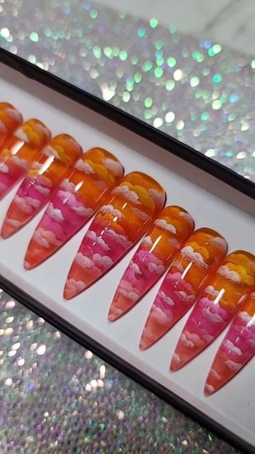 Sunset Nails Acrylic, Summer Sunset Nails, Sunset Nail Art, Hand Painted Nail Art, Bday Nails, Secret Nails, Sunset Nails, Peach Nails, September Nails