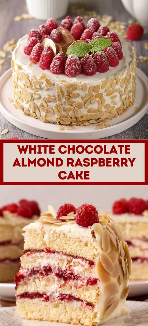 White Chocolate Almond Raspberry Cake | Page 2 of 2 Chocolate Almond Raspberry Cake, Almond Raspberry Cake, White Chocolate Cream Cheese Frosting, Raspberry And Almond Cake, White Chocolate Raspberry Cake, Raspberry Cake Recipes, White Chocolate Cream, Chocolate Cream Cheese Frosting, White Chocolate Cake