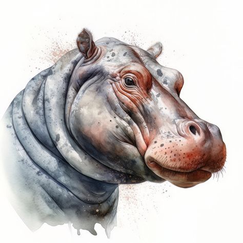 Watercolour Hippopotamus, Animals In Watercolor, Hippopotamus Painting, Hippopotamus Drawing, Hippopotamus Art, Hippo Painting, Guinea Fowl Art, Kuda Nil, Hippo Drawing