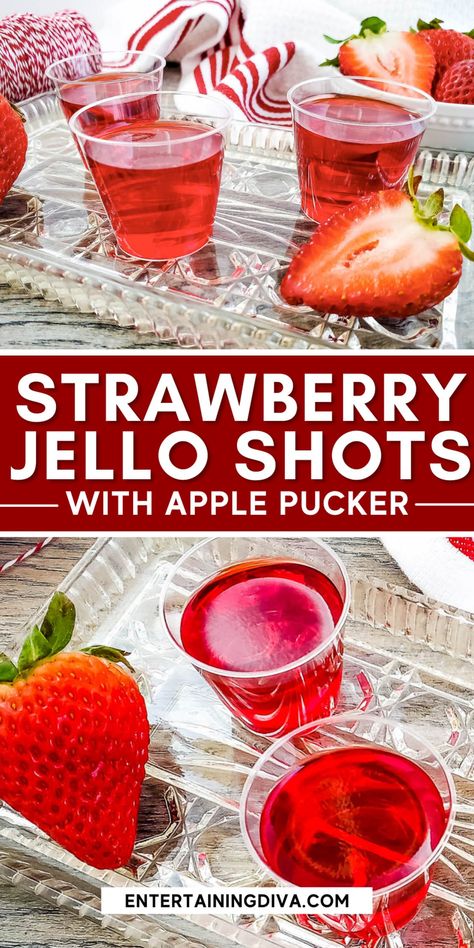 Made with sour apple pucker (or apple vodka), apple juice and strawberry jello, these apple strawberry jello shots are super easy to make (only 3 ingredients!) And they're really tasty. Perfect for a 4th of July party, summer barbeque or even a Christmas party Hot Apple Juice, Strawberry Jello Shots, Sour Apple Pucker, Best Jello Shots, Jello Shots Recipe, Jello Shot Cups, Christmas Jello Shots, Apple Pucker, Apple Vodka