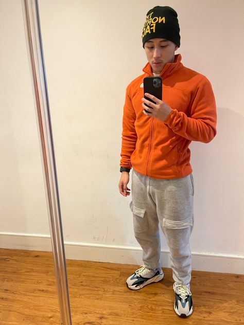 #waverunners #yeezy700 #fashion #aesthetic #orangeoutfit #asianfashion #sneakerhead #northfaceoutfit #outfits North Face Outfits, Orange Fleece, Orange Outfit, Yeezy 700, Grey Sweatpants, Fashion Aesthetic, Asian Fashion, Sneaker Head, Sweatpants