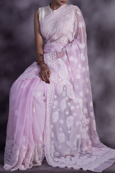 Exclusive Hand Embroidered Pink Colour Lucknowi Chikankari Saree (With Blouse - Georgette) GA250593 Lucknowi Saree, Lucknowi Chikankari Saree, Blouse Styling, Bengali Saree, Chikankari Saree, Embroidery Sarees, Saree Traditional, Designer Sarees Wedding, Pure Georgette Sarees