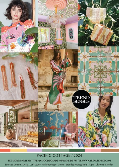 PACIFIC COTTAGE // 2024 – Trendsenses - Marieke de Ruiter - Trendmoodboard - Trendforecasting - Sources: Johanna Ortiz – Dani Dazey – Anthropologie – Genny – Brantley Photography – Tigmi – Ukaome – Latelier 2024 Branding Trends, Print Trends 2024, Trend Senses, Ss24 Prints, 2024 Fashion Trends Forecast, Trends Ss24, Dani Dazey, Mood Board Fashion Inspiration, Fashion Trending Moodboard