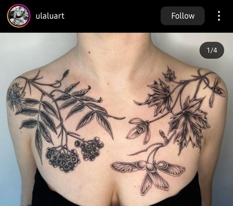 Nature Inspired Chest Tattoo, Nature Chest Tattoo Female, Shoulder Nature Tattoo, Nature Tattoo Shoulder, Nature Shoulder Tattoos For Women, Forest Tattoo Shoulder, Nature Tattoos, Body Art, Tatting