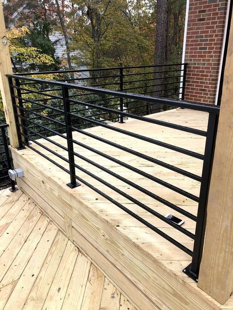 Metal Railings Outdoor Porch Ideas, Exterior Deck Railing Ideas, Modern Black Porch Railing, Railing For Concrete Porch, Black Rod Iron Deck Railing, Modern Iron Railings Outdoor, Contemporary Railings Exterior, Outdoor Metal Railing, Garden Railings Metal