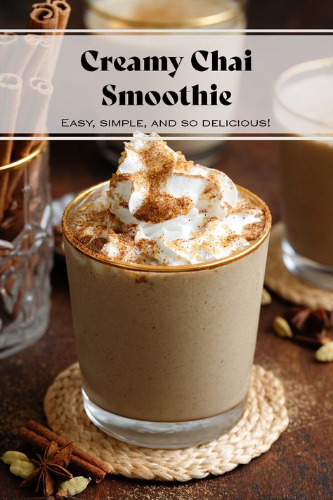 This Chai Smoothie is creamy, flavorful, and perfect for anyone who loves chai lattes! You only need a few ingredients it comes together in just 5 minutes. Add a shot of espresso for a dirty chai latte smoothie! Chai Smoothie Recipes, Vanilla Chai Smoothie, Chai Tea Smoothie, Dirty Chai Latte, Chai Smoothie, Thyme Simple Syrup, Mint Simple Syrup, Shot Of Espresso, Breakfast Appetizers