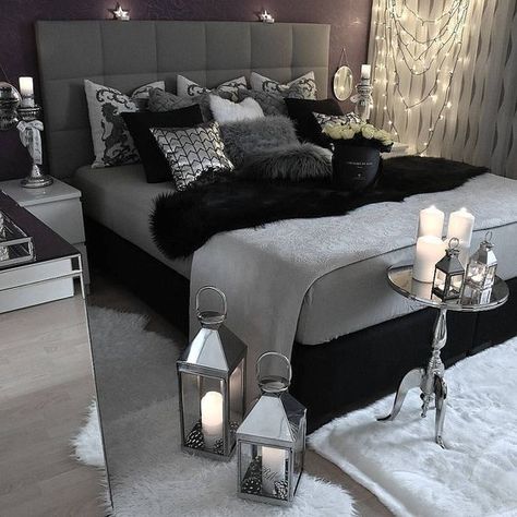 This is one example of creating a dark room with gray. It uses a lot of darker shades as well as black accent pieces to get a very deep look, with just a little lighting on the side to warm things up. Dekorasi Kamar Tidur, Black Bedroom, Grey Bedroom, Romantic Bedroom, Couple Bedroom, Gray Bedroom, White Bedroom, Dream Rooms, Beautiful Bedrooms