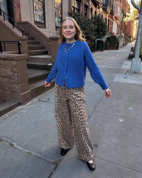 really into this color lately 💙🫐 @sezane #sezanelovers outfit: https://liketk.it/4ys5F 🏷️ leopard pants, leopard print, leopard outfit, blue sweater, blue cardigan, cardigan outfit, ballet flats, ballet flats outfit, Pinterest girl, Pinterest aesthetic, fashion trends, spring style Leopard Print Winter Outfits, Blue And Leopard Outfit, Leopard Print Cardigan Outfit, Outfit Ballet Flats, Blue Cardigan Outfit, Leopard Outfit, Ballet Flats Outfit, Leopard Outfits, Leopard Pants