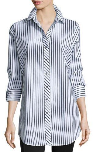 Go Silk Long-Sleeve Skinny-Striped Big Shirt, White/Black, Plus Size Chambray Tunic, Black Plus Size, Oversized Jeans, Big Shirt, Twill Shirt, Cotton Long Sleeve Shirt, Linen Blouse, Kurta Designs, Menswear Inspired