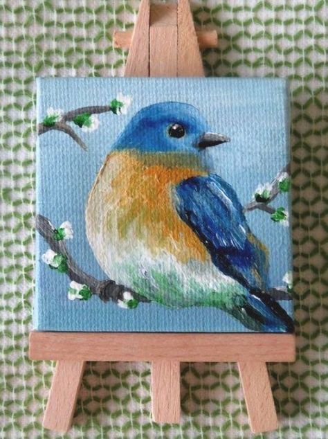 Painting Mini Canvas, Canvas Easel, Bluebird Painting, Bird Canvas, Bird Painting, Mini Canvas, Bluebird, Blue Bird, Canvas Art