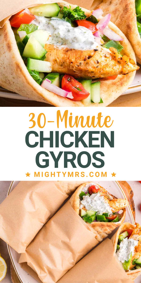 This 30-minute chicken gyros with Tzatziki sauce are so simple to make. Greek pitas are stuffed with marinated and pan-fried or grilled chicken tenderloins, cucumber relish and homemade tzatziki sauce. These chicken gyros are made fresh in just 30 minutes with a few time-saving tricks. Greek Chicken Gyros With Cucumber Tzatziki, Grilled Chicken Pita Recipes, Pita Meals, Easy Chicken Gyros With Tzatziki Sauce, Grilled Chicken Tenderloins, Easy Chicken Gyros, Chicken Gyros With Tzatziki Sauce, Greek Pitas, Grilled Chicken Gyros