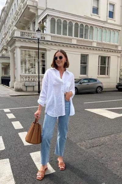 Cool Summer Vacation Outfits for Comfort and Style | Travel Beauty Blog White Linen Shirt Outfit, Linen Shirt Outfit Women, London Summer Outfits, White Tees Outfit, Linen Shirt Outfit, T Shirt Branca, White Shirt Outfits, Summer Outfits Women, Outfits Casuales