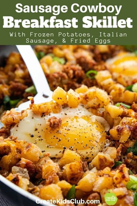 A super crispy, flavor-packed sausage cowboy breakfast skillet. If you're looking for breakfast ideas, this one-pan meal is a must-try! It's an easy breakfast skillet that everyone will love. #sponsored #vidaliaonions #realsweet #shumanfarms #createkidsclub #breakfastskillet #breakfastideas #sausagebreakfastskillet #cowboybreakfastskillet Breakfast Sausage And Potatoes Skillet, Easy Skillet Breakfast, Cowboy Breakfast Ideas, Sausage Egg And Potato Skillet, Skillet Meals Breakfast, Breakfast Skillet Recipes Healthy, Breakfast Ideas Sausage, Cowboy Breakfast Skillet, Sausage Breakfast Skillet