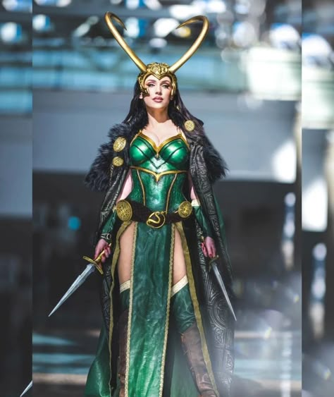 Halls of Valhalla. 😈💚🌈🔥 Happy #ThorsDay Everyone! Here's @graciethecosplaylass as Marvel's Lady Loki Photograped by @ssnwwc #LadyLoki #LokiLaufeyson #Loki #GodOfMischief #MarvelComics #MarvelUniverse #LadyLokiCosplay #LokiCosplay #ThorCosplay #MarvelCosplay #CosplayersOfInstagram #CosplayersOfIG #Cosplayer #Cosplay #Superhero #Comics #Green #Horns Loki With Horns, Marvel Female Costumes, Loki Outfit Ideas, Female Loki Costume, Lady Loki Costume, Loki Halloween Costume, Loki Dress, Lady Loki Cosplay, Halls Of Valhalla