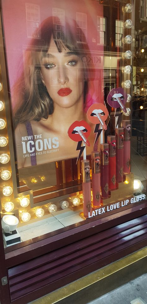 We took this of Charlotte Tilbury stores window display in London.  #spring #posdisplay #highstreet #retaildisplay #creative #inspired #spring #springwindowdisplays #season #colourful #windowdisplays #london #londonphotography #impulsepointofpurchase Makeup Window Display, Cosmetic Window Display, Visual Merchandising Cosmetics, Visual Merchandising Displays Cosmetics, Perfume Window Display, Bvlgari Window Display, Spring Window Display, Spring Window, Pos Display