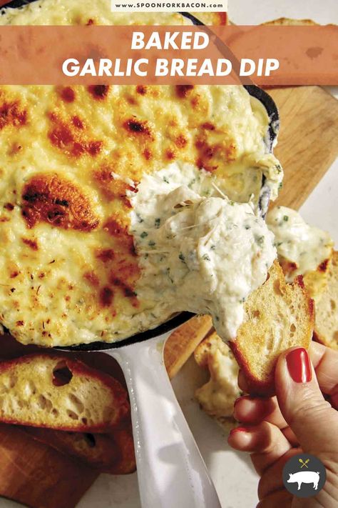 A truly delicious and decadent recipe for Baked Garlic Bread Dip. This rich and creamy dip is reminiscent of cheesy garlic bread and is a perfect game day appetizer! #dip #garlicbreaddip #appetizer #easyrecipe Garlic Bread Dip, Baked Garlic Bread, Finger Sandwich, Homemade Jerky, Spoon Fork Bacon, Delicious Dips Recipes, Bread Dip, Cheesy Garlic Bread, Meat Snacks