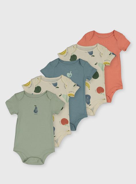 We use the softest fabrics to keep your baby cosy and content all day long. While every seam and fastening is tested to the highest standard to ensure there's no compromising on quality with our adorable outfits. The envelope-style neck and nickle-free poppers help make changing easy. With printed labels and soft flat seams for comfort against delicate skin, baby soft hook and loop fastenings making dressing easy.    5 Pack bodysuits 2 x Cream  1 x Pale green 1 x Blue 1 x Terracotta Short sleeve Fun Beauty Products, Newborn Bodysuit, Baby Q, Adorable Outfits, Kids Trend, Clothing Photography, Fruit Print, Short Sleeve Bodysuit