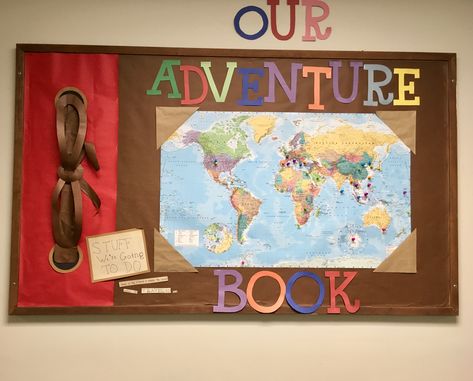 Up Themed Door Decorations, Disney Pixar Classroom Theme, Adventure Is Out There Bulletin Board, Travel Bulletin Board Ideas Classroom, Disney Up Classroom Theme, Up Theme Bulletin Board, Up Movie Classroom Theme, Up Classroom Theme Pixar, Travel Bulletin Board Ideas