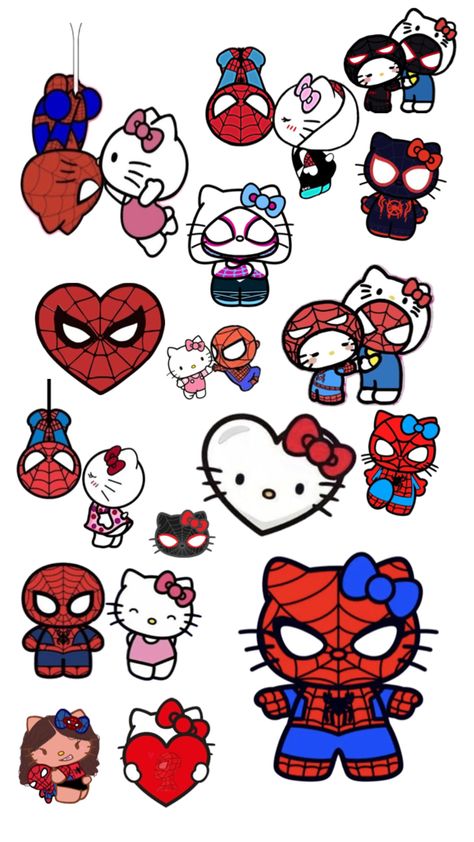 Hello Kitty And Spiderman, Spiderman Stickers, Spiderman Painting, Hello Kitty Stickers, Hello Kitty Imagenes, Spiderman Gifts, Hello Kitty Wallpaper Hd, Hello Kitty Colouring Pages, Hello Kitty Gifts