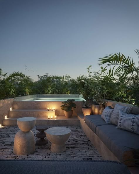 Roof Garden With Jacuzzi, Rooftop Terrace Jacuzzi, Bali Rooftop Terrace, Bali Terrace Design, Roof Jacuzzi, Tulum Patio, Jacuzzi Backyard, Pool On Roof, Greek Terrace