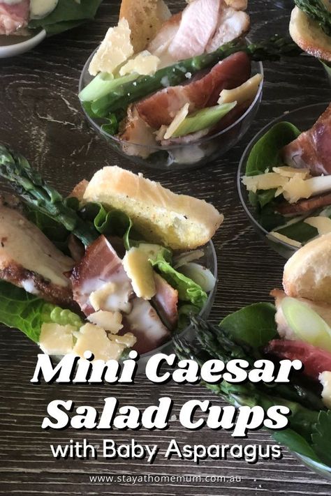 Forget party pies and sausage rolls, these Mini Caesar Salad Cups with Baby Asparagus are easy and delicious but they look a million bucks! They’re also perfect for high tea. Mini Caesar Salad, Caesar Salad Cups, Party Pies, Salad Cups, Pie Party, Stay At Home Mum, Caesar Salad Dressing, Beautiful Salad, Bbq Food