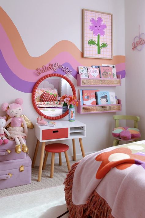 B&A: A Kid’s Basic Peachy Bedroom Gets an Incredible “Sunshine and Rainbows" Makeover Art Theme Bedroom, Rainbow Toddler Room, Peachy Bedroom, Retro Girls Room, Cozy Colorful Bedroom, Fun Girls Room, Colorful Room Aesthetic, Colorful Girls Room, Purple Kids Bedroom