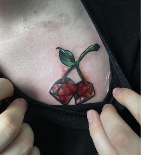 Ruby The Cherry Tattoos, Ruby Tattoo, Diamond Tattoo Designs, Cherry Tattoo, Stick Poke Tattoo, Cherry Tattoos, Evil Tattoos, Tattoo Themes, Alt Grunge