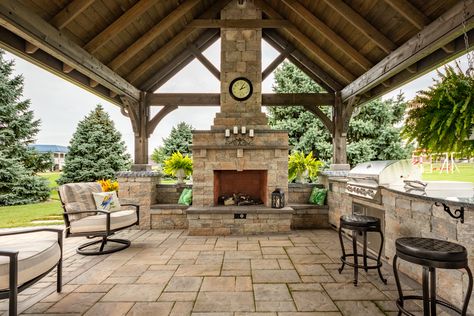 Breath-taking Pavilion area with a fireplace in PA. #landscape #patio #outdoorlivingspace #outdoorliving #pavilion #fireplace #deck #family #barbeque #relax #outside #nature #backyard #grill Backyard Barbeque Design, Bbq Island Ideas, Pavilion Fireplace, Fireplace Pergola, Pavillion Backyard, Outdoor Bbq Island, Family Barbeque, Nature Backyard, Hardscape Patio