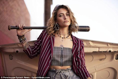 Tough chic: She held a baseball bat behind her back as she draped herself in a maroon striped jacket and zippered bandeau top Faces Poses, Michael Jackson Daughter, Paris Jackson, Pose References, Fashion Wallpaper, Pose Reference Photo, Fashion Quotes, Cultura Pop, New Ideas