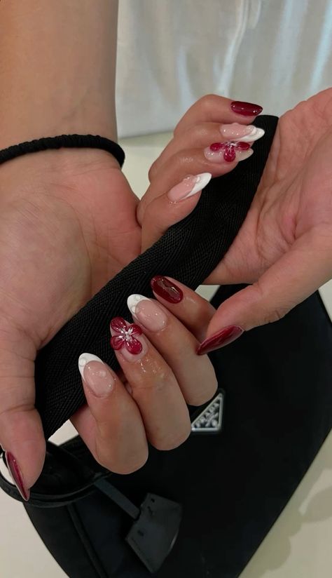 3D flower nails french tip wine red Hawaiian Flower Nails, Pink Flower Nails, Nails French Tip, 3d Flower Nails, Nails French, Hawaiian Flowers, 3d Flowers, 3d Nails, Hibiscus Flowers