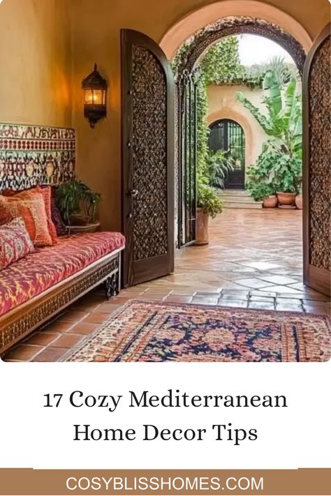 Looking to bring a slice of the sunny Mediterranean into your living space? Check out these 17 cozy decor ideas that’ll transform your home into a warm sanctuary. From dreamy color palettes to rustic accessories, discover how to create inviting entryways with Moorish flair, perfect for relaxed entertaining. Whether you're sprucing up your beach house or just dreaming of a sun-kissed vibe, these design tips will inspire your new decor style. Let the beauty of Mediterranean charm inspire your next home makeover! Mediterranean Design Interior, French Mediterranean Home, Mediterranean Cottage, Spanish Mediterranean Homes, Apartment Ideas Living Room, Cozy Decor Ideas, Mediterranean Aesthetic, Rustic Accessories, Spanish Mediterranean