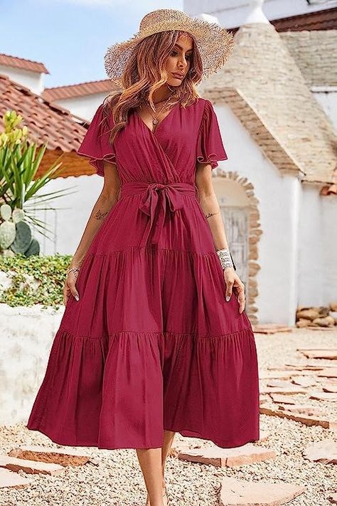 boho, dress, summer, flowy, midi, casual, wedding, guest, attire, tie, wrap Beach Season V-neck Tie Waist Maxi Dress, V-neck Ruffled Dresses For Beach Season, Beach Attire For Women, Feminine V-neck Ruffle Dress For The Beach, Spring Beach V-neck Dress With Ruffle Hem, Casual V-neck Ruffle Beach Dress, Wrap Shorts, Summer Wraps, Boho Midi Dress