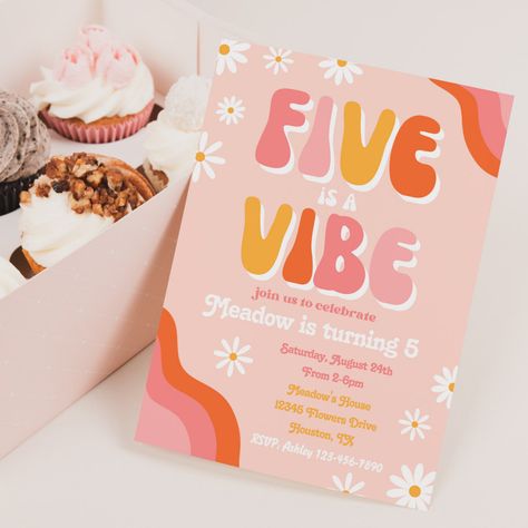 Five is a Vibe Birthday Invitation Groovy #Invitation #card #template #design #pinterestquotes #pinterestideas #pinterestmom #pinterestwedding #aesthetic #love #art #pinterestsuccess 5 Is A Vibe, Five Is A Vibe, Fifth Birthday, Invitations Ideas, Retro Birthday, Invitation Card Template, Orange Design, Aesthetic Love, Birthday Invitations Girl