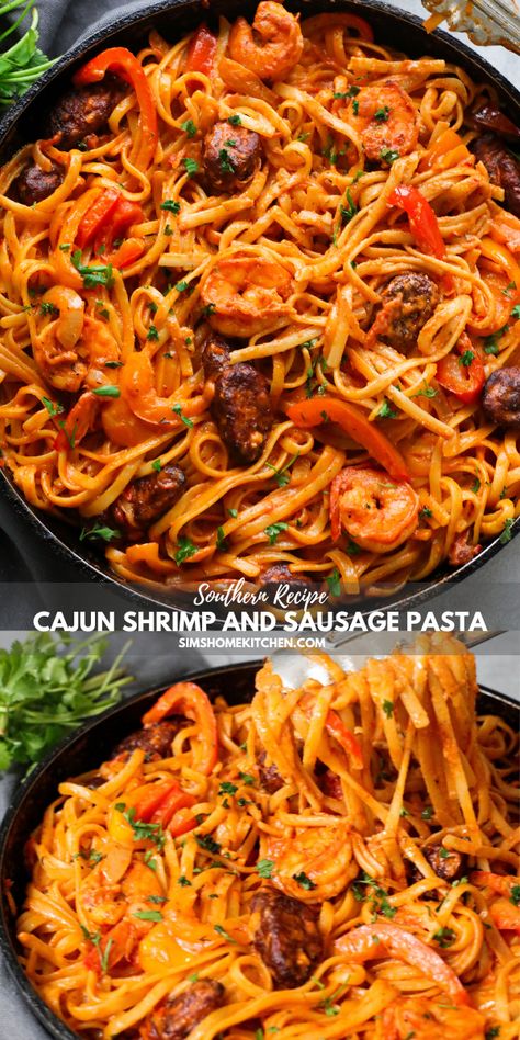 Cajun Shrimp and Sausage Pasta | Sims Home Kitchen Cajun Shrimp And Sausage Pasta, Sausage Pasta Dinner, Cajun Shrimp And Sausage, Shrimp And Sausage Pasta, Cajun Spices, Shrimp And Sausage, Shrimp Sausage, Cajun Pasta, Cajun Dishes