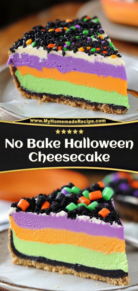 This no-bake Halloween cheesecake is creamy, colorful, and decorated with spooky toppings. A quick dessert perfect for the holiday! Ingredients: 8 oz cream cheese ½ cup powdered sugar 1 cup whipped cream Black and orange food coloring Enjoy this no-bake Halloween cheesecake, easy to make and perfect for Halloween celebrations Halloween Cheesecake, Bake Halloween, Cheesecake Easy, Orange Food, Festive Appetizers, Orange Food Coloring, Quick Dessert, Sugar Sprinkles, No Bake Cheesecake