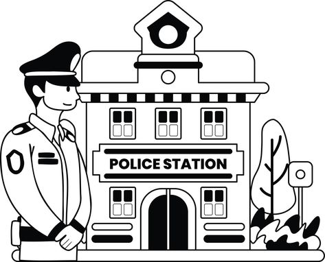 police and police station illustration in doodle style Police Station Drawing, Police Station Cartoon, Station Drawing, Line Images, Doodle Style, Pinterest Images, Design Animation, Clipart Black And White, Classroom Inspiration