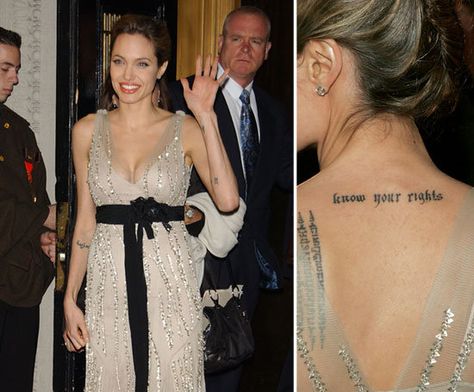 Angelina Jolie sports a "know your rights" tattoo on the back of her neck as a declaration of her support for human rights. Know Your Rights Tattoo, Human Rights Tattoo, Women Rights Tattoo, Celebrity Back Tattoos, Rhianna Tattoo Neck, Lady Gaga Tattoo Survivor, Back Tattoo Women Spine, Indian Tattoo, Sleeves Ideas