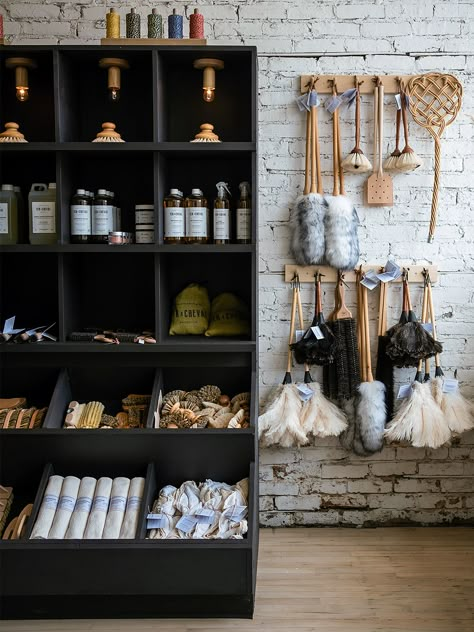 Step Inside Logan Mercantile, Chicago’s Hottest Housewares Shop Apothecary Decor, Zero Waste Store, Brooms And Brushes, Farm Store, Japanese Kitchen, Farm Shop, Tin Ceiling, Store Displays, Brooms