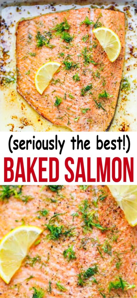 Easy One Pan Garlic Dill Lemon Baked Salmon Recipe – ready in under 30 minutes, simple and delicious sheet pan dinner that could be paired with a salad or roasted veggies for the perfect effortless nutritious meal. All you need are seven staple ingredients. Easy Baked Salmon Simple, Simple Baked Fish Recipes, Salmon Recipes Baked With Dill, Oven Roasted Salmon And Veggies, Baked Dill Salmon, Salmon Herb Recipes, Best Way To Cook Fresh Salmon, Lemon And Dill Salmon, Dill Salmon Recipes Baked