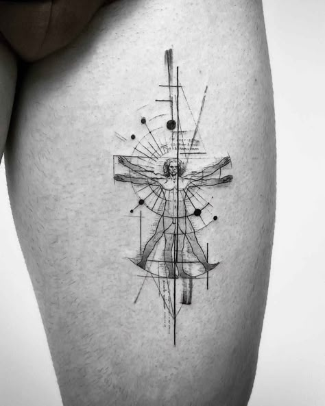 Abstract vision - John Monteiro | iNKPPL Minimalist Tattoo Sleeve Ideas, Architecture Inspired Tattoo, Fine Line Men Tattoo, Vitruvian Tattoo, Tattoo For Artist, Linework Tattoo Men, Linework Tattoo Sleeve, Graphic Tattoo Geometric, Brazil Tattoo Ideas